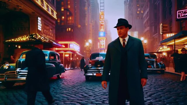 Detective police man 1940s retro vintage new york city technicolor realistic animation cgi builds
