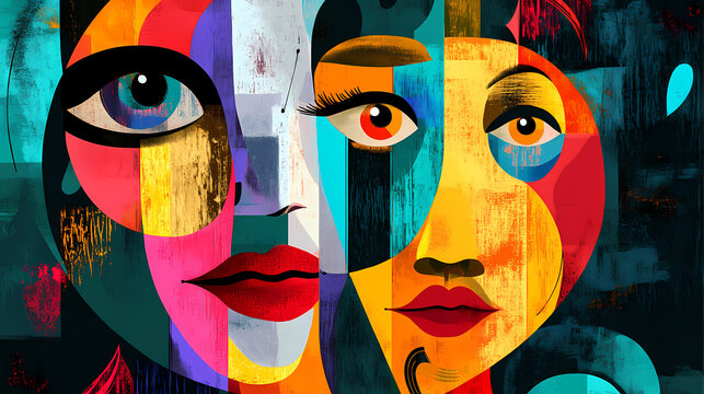 Abstract faces collage with expressionism and cubism style as background, wallpaper, or art print. generative ai. Expressionism. Illustration