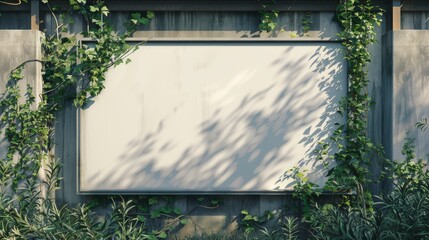 A photo shows an empty digital billboard. White billboard on  green leaves background. 