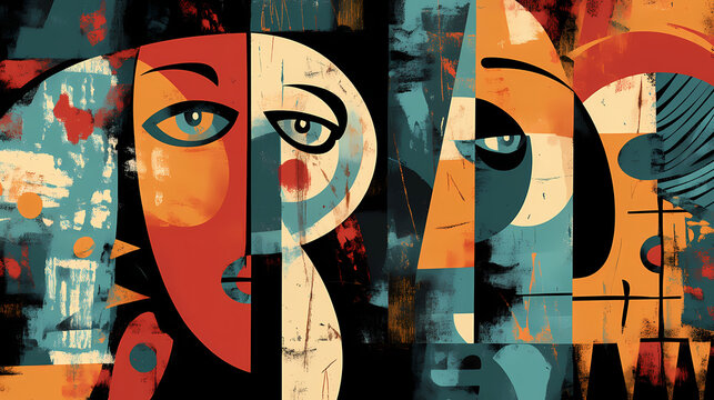 Abstract painting with geometric forms figurative drawings retro expressionism elongated figures restrained expressionism wallpaper background digital art. Expressionism. Illustration