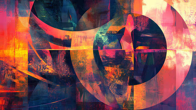 Abstract painting with geometric forms figurative drawings retro expressionism elongated figures restrained expressionism wallpaper background digital art. Expressionism. Illustration