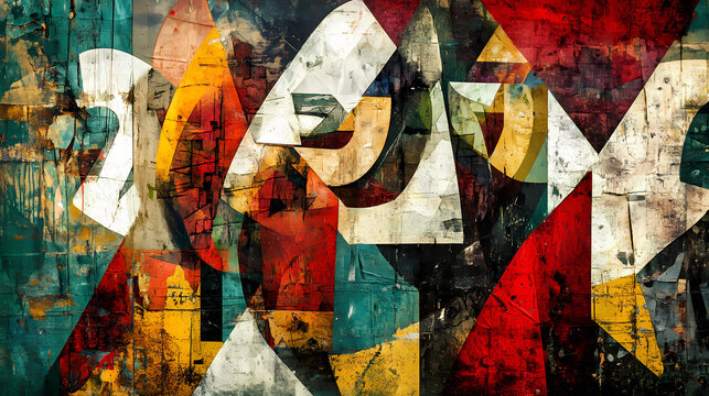 Abstract painting with geometric forms figurative drawings retro expressionism elongated figures restrained expressionism wallpaper background digital art. Expressionism. Illustration