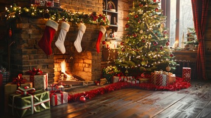 Festive Christmas Scene with a Decorated Tree, Gifts, and Stockings Hung by the Fireplace