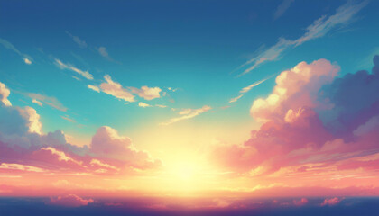 Fototapeta premium Sunset sky with vibrant hues of orange, pink, and blue. The fluffy clouds create a beautiful backdrop for the sun setting on the horizon. Anime style