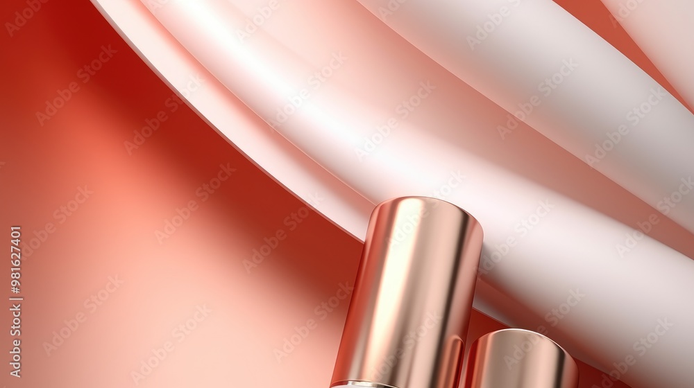 Poster a minimal and elegant composition featuring two metallic cylinders against a backdrop of soft, flowi