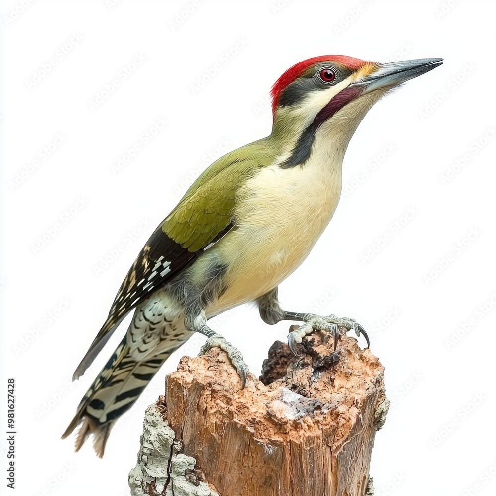 Poster striking green woodpecker showcases its colorful feathers and sharp beak while perched on a rugged t