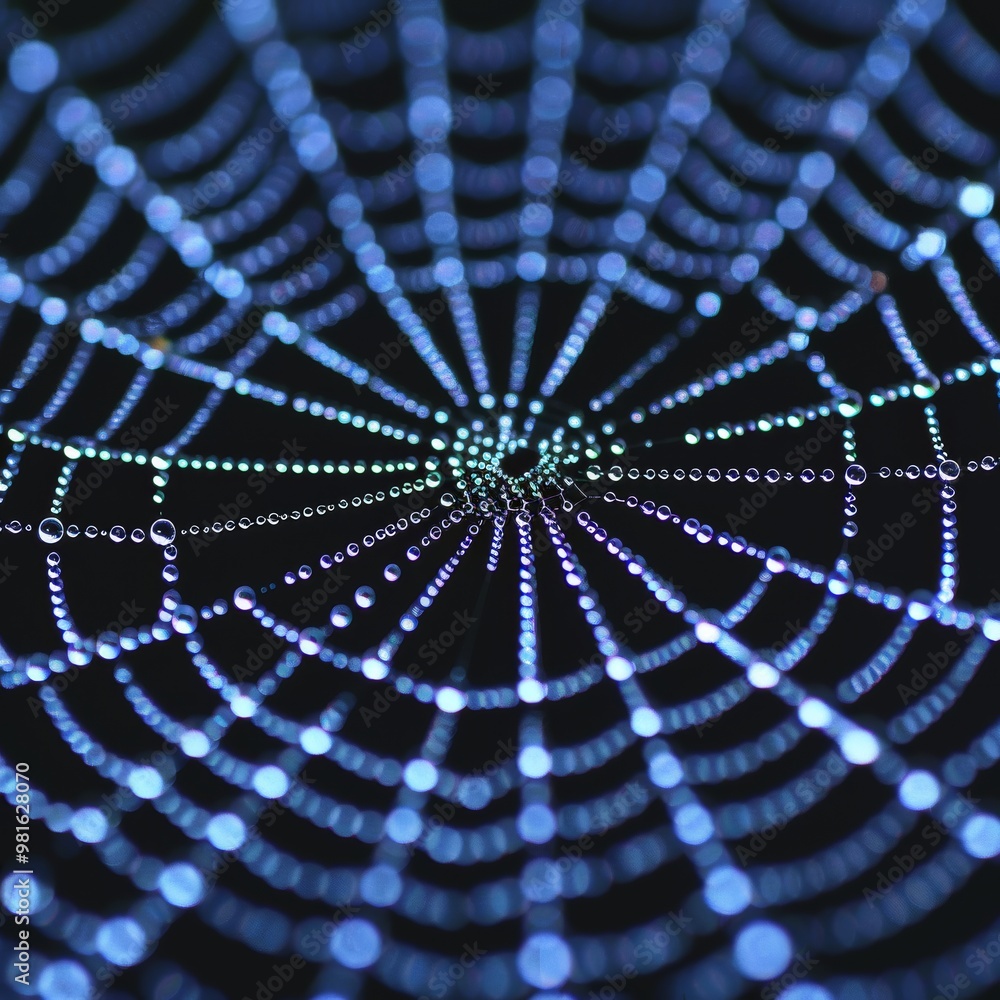 Poster delicate strands of a spider web shimmer with colorful dew drops, capturing the morning light beauti