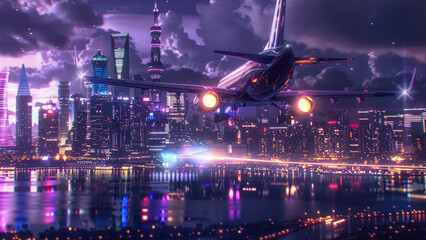 Airplane flying over futuristic city skyline at night with neon lights