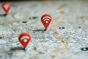 A map of a city with five red dots on it, each representing a wifi hotspot, generative ai image
