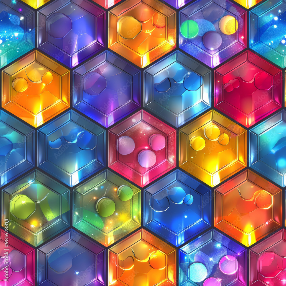 Poster a vivid arrangement of hexagons filled with various bright colors and glowing effects creates an eng