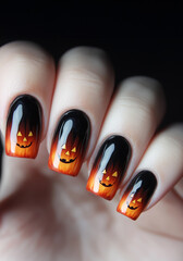 Halloween nail art featuring small pumpkin face on each nail