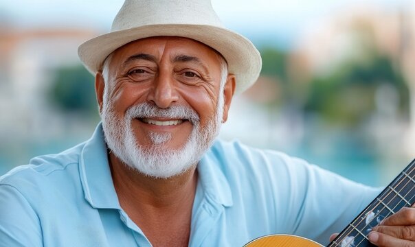 Senior Artist with Acoustic Guitar: Retired Musician Playing on a Town Balcony, Reflecting on Memories with Blues or Folk Song
