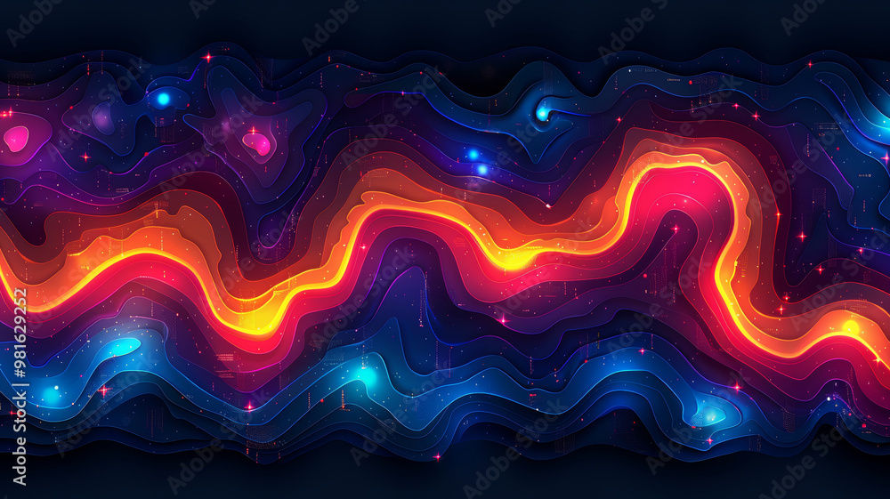 Poster vibrant waves of color flow across a dark background, simulating the energy of the cosmos. the brigh