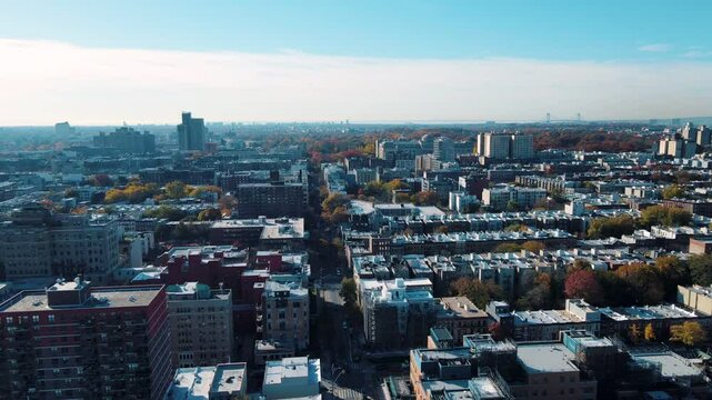 Aerial landscape of Prospect Heights Brooklyn city skyline during fall in New York City NY
