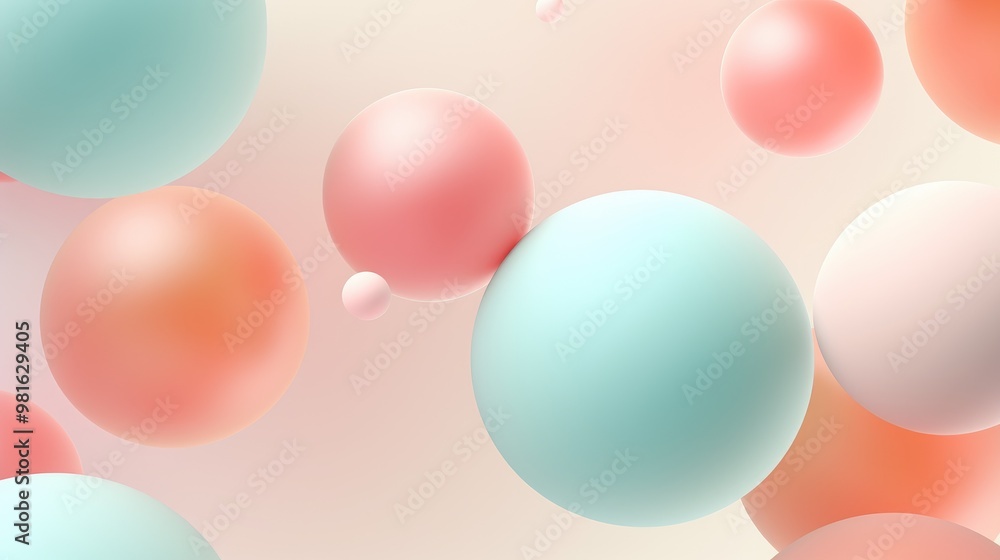 Poster a pastel color palette of soft pink and blue spheres float against a light background, creating a si