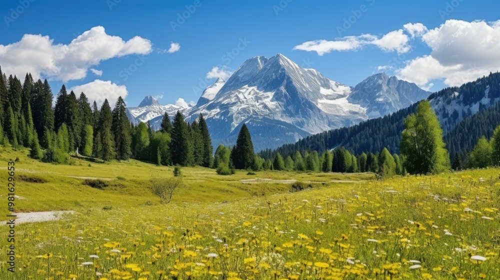 Wall mural A picturesque mountain landscape with a lush green meadow in the foreground, dotted with yellow wildflowers.