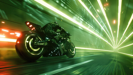 Futuristic motorcycle speeding through a neon-lit tunnel at high speed