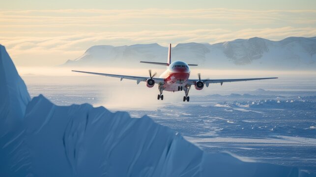 A red and white airplane flies low over a snowy landscape, its wings cutting through the clouds.