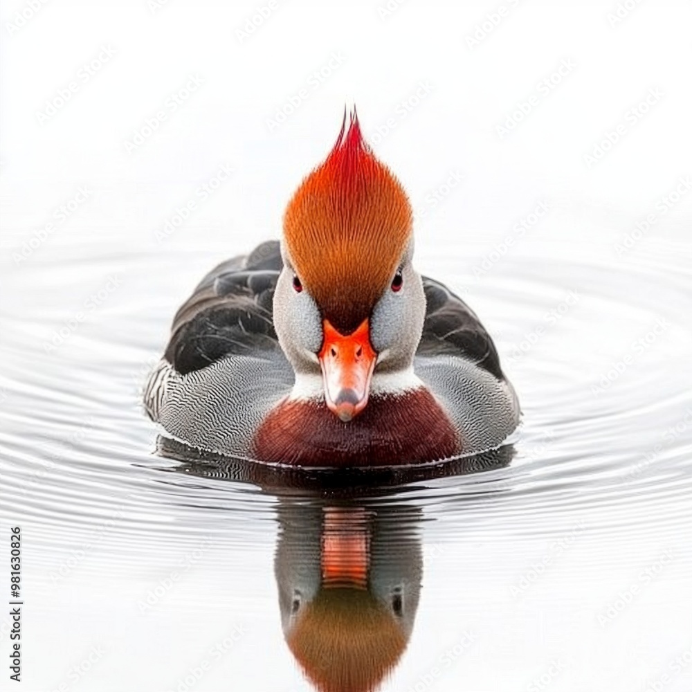 Poster red-crested pochard floats effortlessly on the water's surface, its bright red head and unique patte