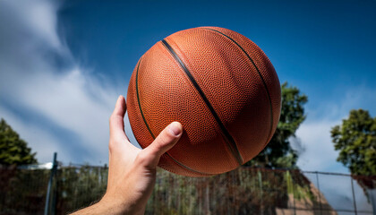 Detail photograph of a hand holding a basketball.