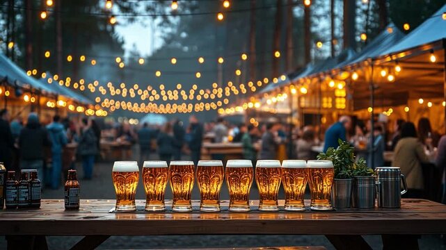 This Visitors enjoy various craft beers at a festive outdoor gathering surrounded by glowing lights.