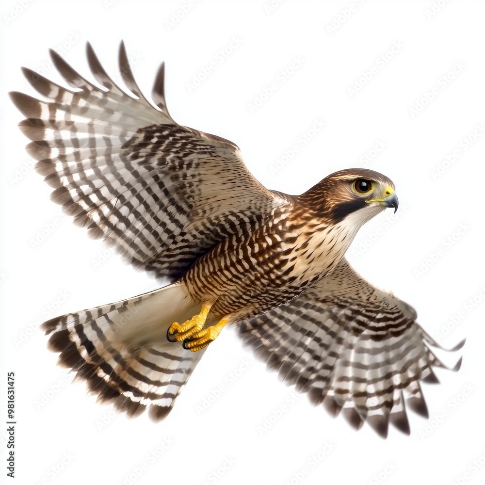 Poster close-up captures a sparrowhawk in mid-flight, wings elegantly tucked in as it navigates through ope