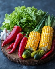 Fresh vegetables including lettuce, corn, peppers, garlic, and cucumber arranged on a wooden board for a healthy meal.