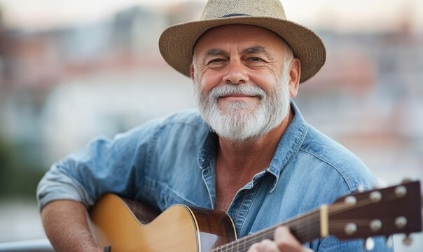 Senior Artist with Acoustic Guitar: Retired Musician Playing on a Town Balcony, Reflecting on Memories with Blues or Folk Song