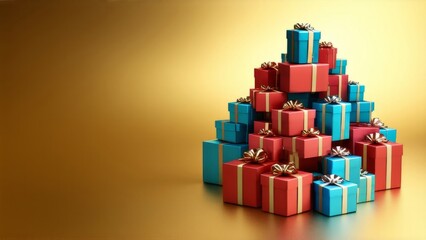 Naklejka premium on a golden background gift boxes stacked in a pyramid