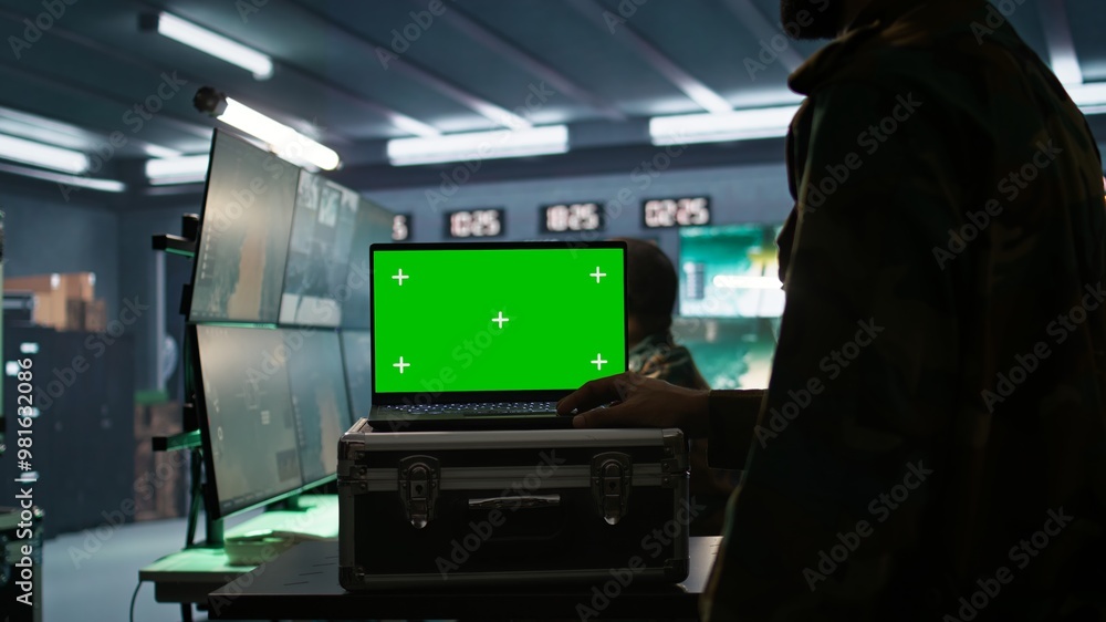 Poster army telecommunication systems operator using green screen gear, providing combat support. military 