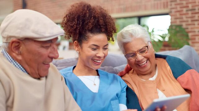 Laugh, caregiver and elderly people on sofa with tablet, streaming comedy and fun app. Nurse, senior couple and tech in nursing home with social media, meme joke and relatable funny video on internet