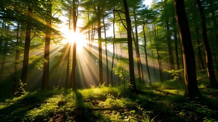 Obraz premium Sunlight filters through tall trees in a lush forest during early morning hours, creating a serene and peaceful atmosphere