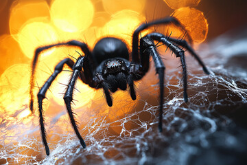 Close Up of a Black Spider on a Web