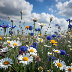 Fototapeta premium field of daisiesflower, spring, nature, daisy, field, grass, meadow, summer, yellow, flowers, plant, white, dandelion, daffodil, garden, blossom, sky, season, chamomile, camomile, landscape, narcissus