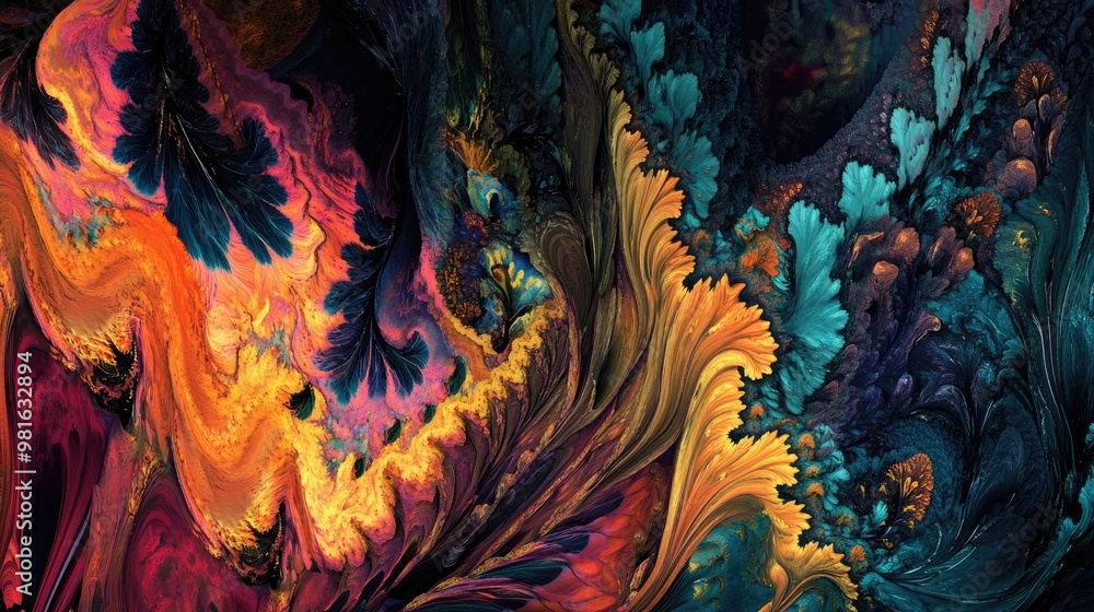 Poster colorful and intricate natural pattern with vibrant textures, creating a mesmerizing abstract design