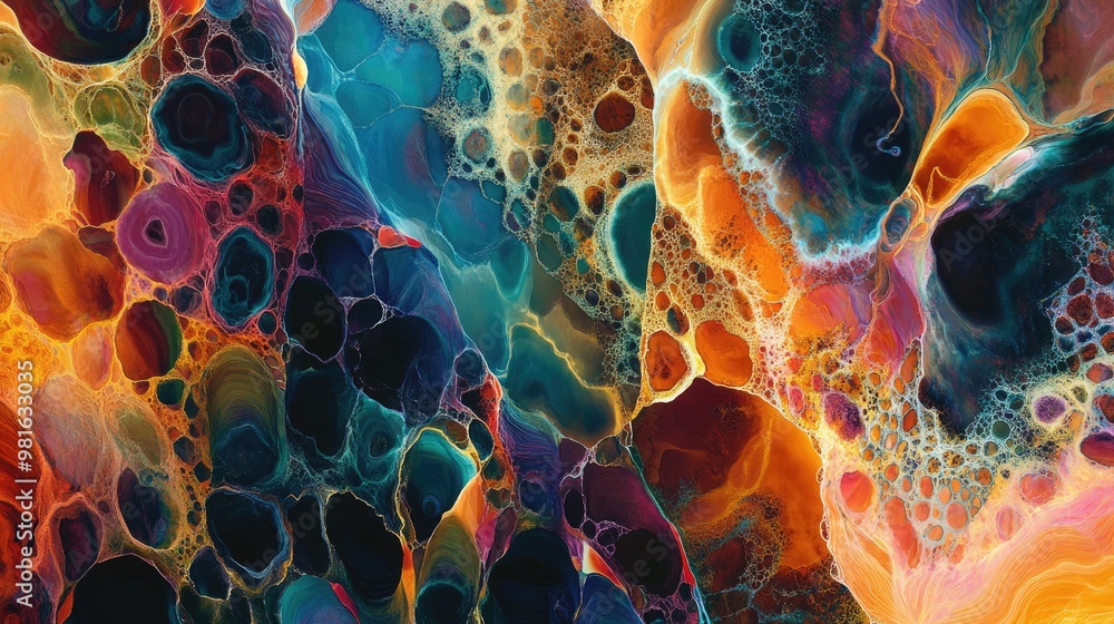 Poster intricate and vibrant natural pattern with colorful hues and textured details, creating a mesmerizin