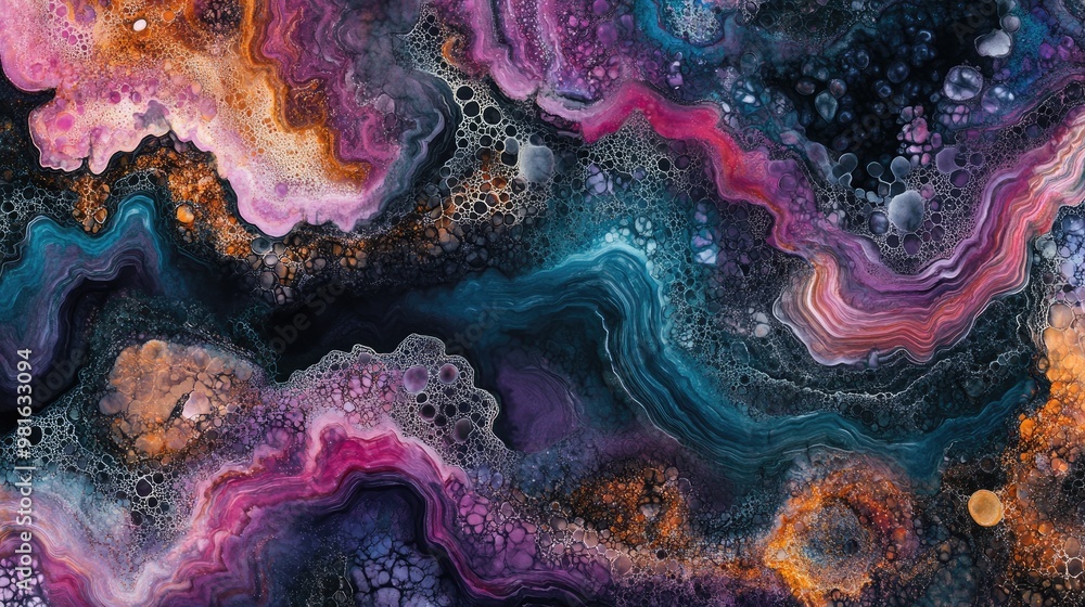 Poster intricate natural pattern with colorful hues and vibrant details, creating an abstract design full o