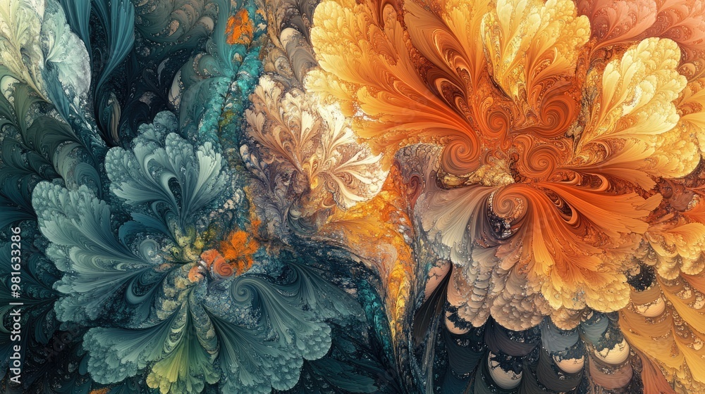 Poster mesmerizing pattern with vibrant natural colors and intricate textures, creating an abstract design 