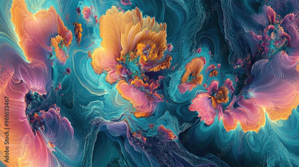 Poster vibrant and colorful natural pattern with intricate textures, forming a mesmerizing abstract design 