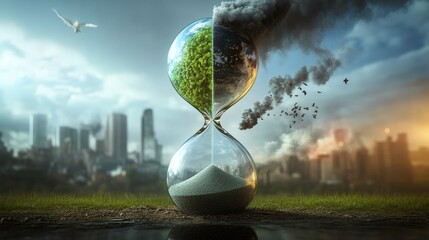 Time is Running Out: An Hourglass Highlights the Contrast Between a Thriving Planet and Environmental Decay