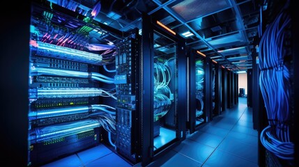 A server room with rows of servers and cables. The room is lit by blue lights, creating a futuristic and technological atmosphere.