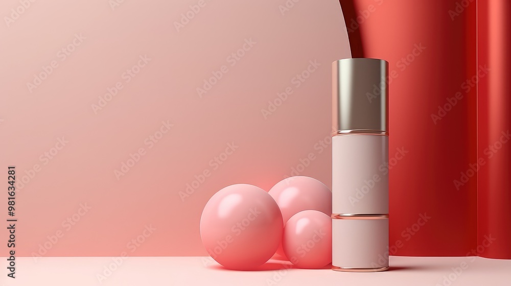 Poster a simple and elegant product display featuring a single bottle of perfume and three pink spheres, al