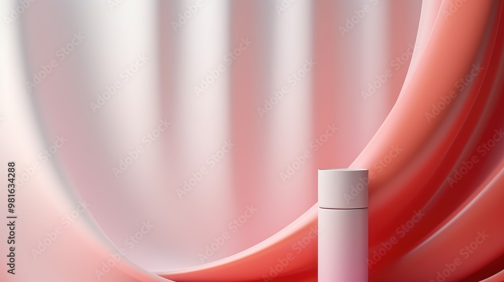 Poster a simple and elegant product display featuring a white cylinder on a soft pink and red background.