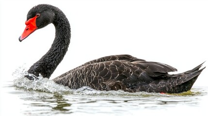 stunning black swan swims gracefully, its long neck arched beautifully in a serene moment on calm waters, capturing a sense of tranquility and elegance.