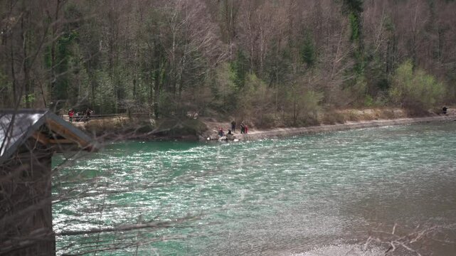 Lechfall waterfall, Lech river near Fussen, Ostallgaeu, Allgaeu, Swabia, Bavaria, Germany, Europe. Gedenkstein Via Claudia Augusta. Maxsteg Fussen. Wehr WKW Mangfall. King Max jetty. 