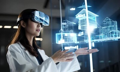 Asian female architect wearing an augmented reality headset with a digital hologram of a building.