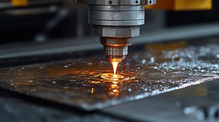Close-up of a high-tech laser cutting machine at work, precisely cutting through metal with intense heat.