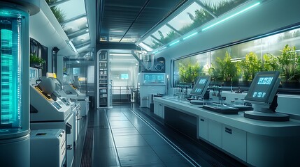 Eco-Friendly Fuel Laboratory: A high-tech laboratory where green aviation fuel is being developed. The lab features advanced equipment and green design elements, with fuel samples and futuristic