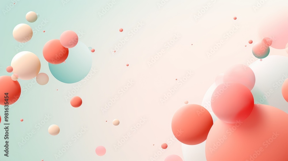 Poster a soft and dreamy abstract background with pastel colored spheres floating in a white space.