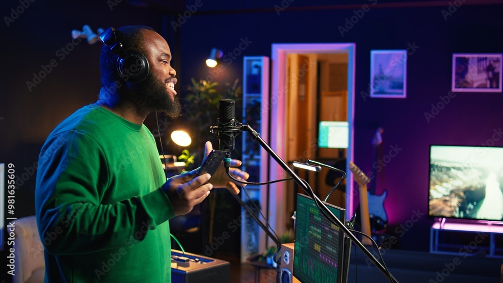 Leinwandbilder singer performing his new track creation on a microphone, manipulates his audio files recordings wit